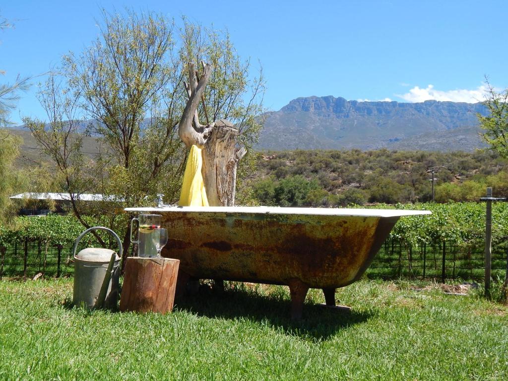 Outdoor bath overlooking the vineyard and mountains at Sipreslaan